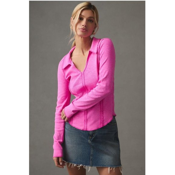 Anthropologie Tops - Pilcro Anthropologie Stitched Long-Sleeve Top Pink Collared Solid XXS